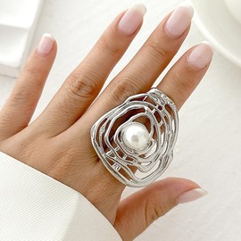 Uarein Chunky 14K Gold Aesthetic Rings Hollow Twisted Pearl Finger Rings Irregular Geometric Statement Rings Trendy Jewelry Accessory Presents for Women Wife (Silver)