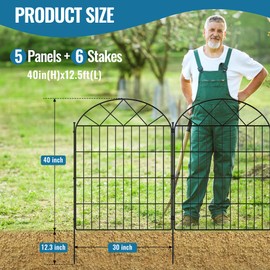 Colvay 5 Panels Decorative Garden Fence 40"(H) x 12.5ft(L), No Dig Animal Dog Barrier Fence with Rustproof Metal Wire Panel, Garden Temporary Border Fencing for Yard, Patio, Outdoor