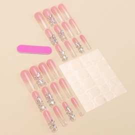 RUOKEXIN Long Press on Nails Square Fake Nails Ombre False Nails with Rhinestones Designs Pink Nail Press ons Sparkly Artificial Nails Full Cover Glue on Nails Cute Glue on Nails for Women 24Pcs