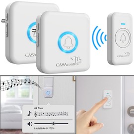 CASAcontrol Wireless Bell Light Signal: Wireless Bell Button & 2 Socket Receivers, 64 Melodies, IP56, White (Wireless Bell with Optical Signal, Electronic Doorbell, Cable)