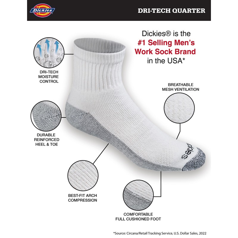 Dickies Men's Dri-Tech Moisture Control Quarter Socks (6, 12, 18