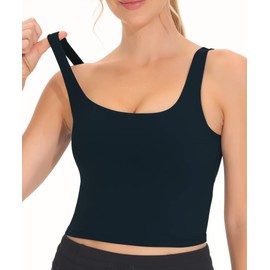 THE GYM PEOPLE Women's Square Neck Longline Sports Bra Workout Removable Padded Yoga Crop Tank Tops Black