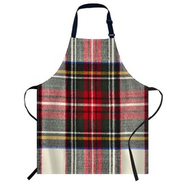 Smooffly Red and White Plaid Scottish Tartan Pattern Apron Adjustable Apron Cooking Kitchen Chef Women Men Aprons for Home Kitchen, Restaurant, Coffee House, Baking Gardening BBQ