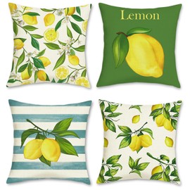 Bonhause Set of 4 Cushion Covers, Lemon, 45 x 45 cm, Yellow Fruit with Green Leaves, Polyester Linen, Decorative Cushion Covers for Sofa, Bedroom, Living Room, Car, Home Decoration