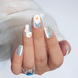 Yivaiks Short Square Cat Eye Press on Nails Blue Daisy Fake Nails with Glue on Nails(MY-24DFX005)30 Nail Kit with Glue