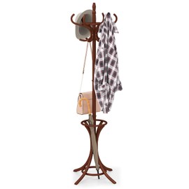 Giantex Solid Wood Coat Rack, Freestanding Hall Tree w/12 Hooks, Umbrella Holder, Entryway Hanger Stand for Coat, Hats, Scarves, Bags, Wooden Garment Rack for Bedroom, Hallway (Reddish Brown)