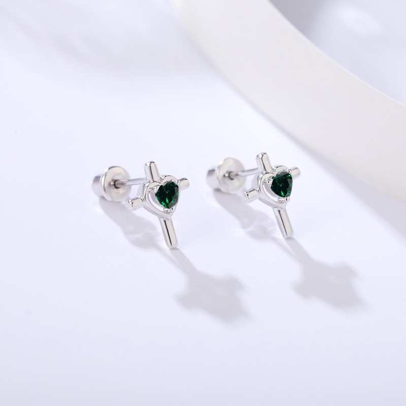 925 Sterling Silver Cross Earrings Screw Back with Heart CZ