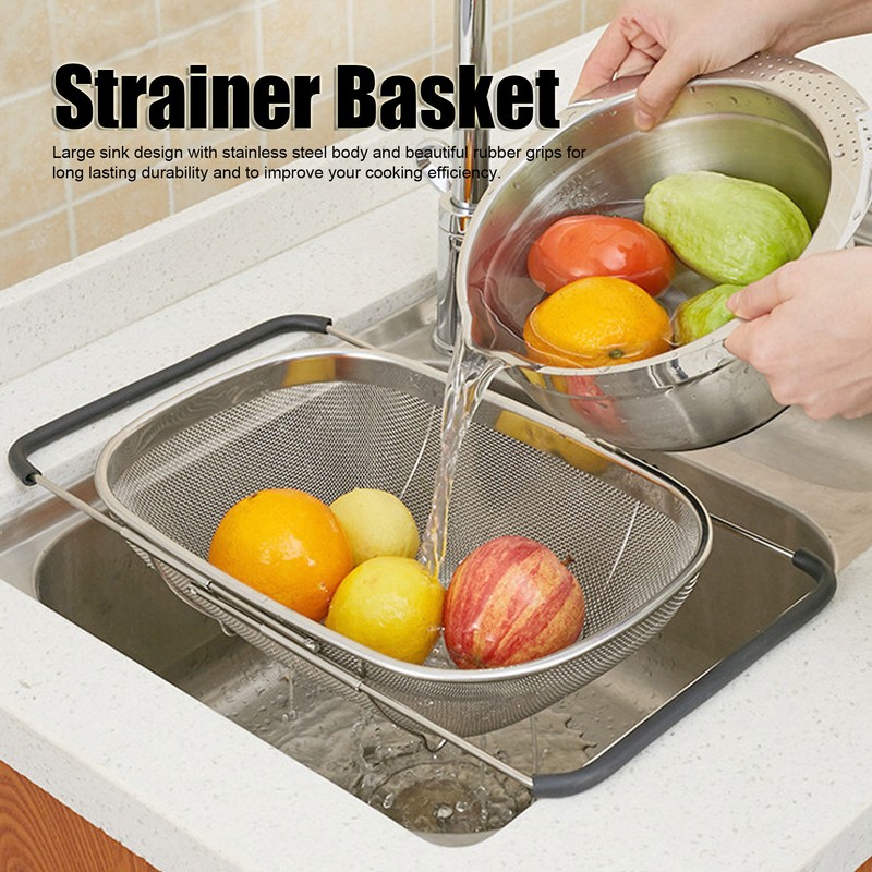 Over The Sink Colander Stainless Steel Telescopic Strainer Basket Rubber