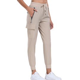Oalka Women's Cargo Hiking Pants Lightweight Travel Pockets Joggers Quick Dry Khaki S
