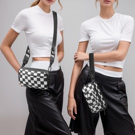 MOETYANG Wristlet Wallets for Women Small Crossbody Bags for Women Nylon Quilted Wallet with 4 Zippers,Credit Card Holder(Black-White Checkered)