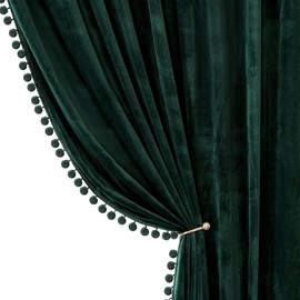 Benedeco Green Velvet Curtains for Bedroom Window with Pom Pom, Super Soft Luxury Drapes, Room Darkening Thermal Insulated Rod Pocket Curtain for Living Room, W52 by L108 inches, 2 Panels