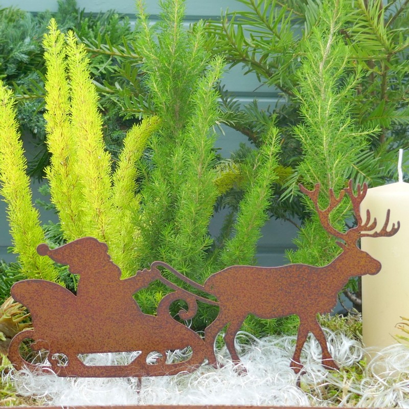 Storm's Gartenzaubereien Garden Stake Santa Sleigh with Reindeer in Rust