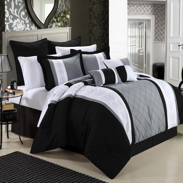 Chic Home Livingston 12-Piece Embroidered Comforter Set Complete Embroidery Pattern Bed in a Bag with Sheet Set Bed Skirt and Decorative Pillows Shams, King Black