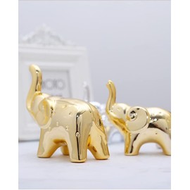 Tibeoyad Set of 2 Ceramic Elephant Ornaments, Desktop Statue, Tiny Animals, Elephant Figurine, Living Room Decoration, Modern Figure (Gold)