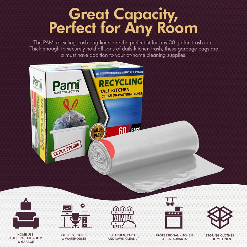 PAMI Recycling Tall 13-Gallon Kitchen Drawstring Trash Bags- Extra-Strong Plastic