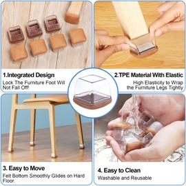 16 Pcs Clear Chair Leg Floor Protectors for Hardwood Floors - Square Silicone Covers with Felt Pads, Protect Floors, Reduce Noise (Fit: 3/4" to 1")