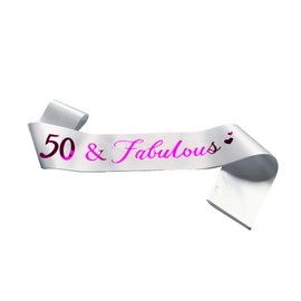Conggluuo 50th Birthday Sash, 50 Fabulous' Birthday Sash for Women White Sash with Pink Foil Letter 50th Birthday sash for women Party Decorations Favors White Pink