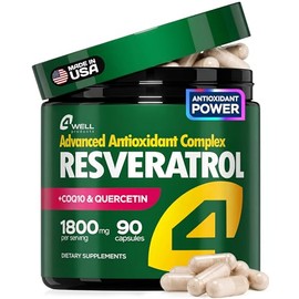 4Well Products - Complejo de suplemento de resveratrol de 1800 mg: COQ10, quercetina, vitamina E, ascorbato de calcio. Potente fórmula an...