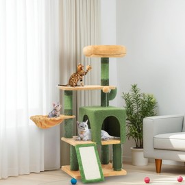 DWVO Cactus Cat Tree: 45" Tall with Self-Grooming Brush, Cute Kitten Climbing Tower for Indoor Kittens with Cat Condo, Plush Platform, Hammock, Sisal Scratching Posts, Dangling Ball