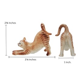 WitnyStore Tiny 2¼" Long Brown Tabby Shorthair Cat Stretching Figurine - Miniature Hand Made Painted Ceramic Cats Kitten Feline Animal Cute Porcelain Decorative Collectible Figurines Décor Gifts