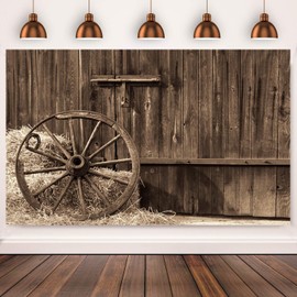 3 x 2.4 m Photo Background Western Cowboy Old Barn Door with Antique Wheel Hay Bale Haystack Country Theme Photography Background Western Party Decorations Children Adults Photo Shoot Props