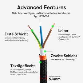 Textile Cable for Lamps, Textile-Coated Round Cable, Three-Core, 3 x 0.75 mm², Gold, black