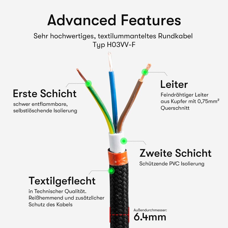 Textile Cable for Lamps, Textile-Coated Round Cable, Three-Core, 3 x