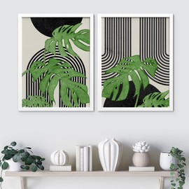 SIGNWIN Framed Set Mid-Century Modern Emerald Green Wall Art, Set of 2 Tropical Monstera Leaf Geometric Wall Décor Prints, Minimalist Wall Décor for Living Room, Bedroom - 8"x10" White