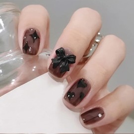 Aceorna Short Square Press on Nails Glossy Brown Fake Nails Rhinestone False Nail Heart Bowknot Full Cover Acrylic Nail Artificial Nails Tips for Women and Girls 24PCS