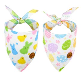 CROWNED BEAUTY Easter Dog Bandanas Small 2 Pack, Colorful Bunnies Eggs Set, Floral Plaid Stripes Adjustable Triangle Reversible Scarves for Dogs Girl Boy Pets DB26-S