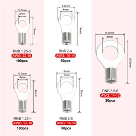 YIXISI 320 Pieces M3/M4/M5/M6 Non-Insulated Ring Wire Terminals Kit, Ring Terminals Crimp Connectors, O-type Wire Crimp Copper Terminal Connector, Copper Lugs Terminals Plug, AWG 22-16 16-14 14-12