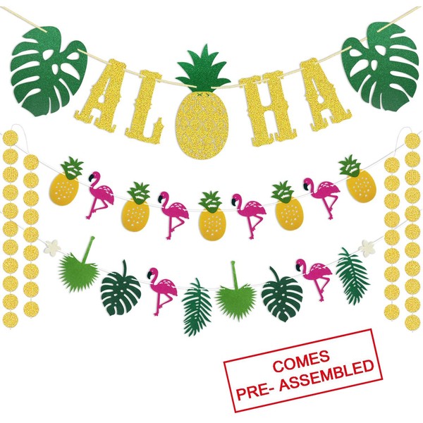 Hawaiian Aloha Party Decorations - Large Gold Glittery Aloha Banner and Flamingle Pineapple Garland For Luau Party Supplies - Tropical Theme Summer Beach Pool Party Decorations - Luau Birthday Bachelorette Wedding Party Decor