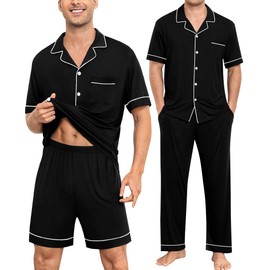 SWOMOG Men Pajamas Sets Short Sleeve Sleepwear 3Pcs Button-Down Loungewear Set Soft Modal PJs Sets with Shorts and Long Pant