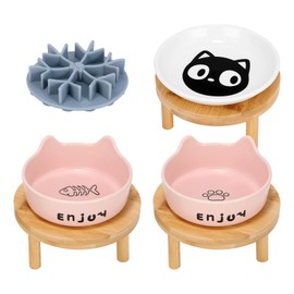 3PCS Elevated Cat Bowls with Silicone Slow Food Dispenser,Wide Raised Ceramic Cat Dishes with Bamboo Stand, Whisker Friendly Pet Water or Food Plates Feeding Station for Indoor Cats, Kitten