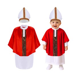 Maiteenly 3 Pcs Halloween Pint Sized Pope Costume Infant Small Bishop Outfit Set White Robe Red Papal Poncho and Hat