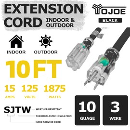YOJOE Indoor Outdoor Extension Cord with Lighted End, 3 Prong 15A Weatherproof Power Cord, 10 Gauge Heavy Duty 10 ft Black Extension Cord for Garage, Garden and Home, 10/3 SJTW UL Listed
