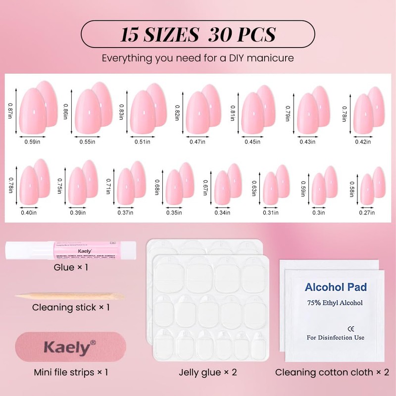 XZMeiLun Rose Pink Press On Nails Short Almond 30 Pcs,