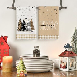 Artoid Mode Brown Buffalo Plaid Xmas Tree Merry Christmas Kitchen Towels Dish Towels, 18x26 Inch Snowflakes Winter Decoration Hand Towels Set of 2
