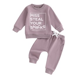 Baby Girl Fall Clothes Set Long Sleeve Letter Print Sweatshirt Pants Toddler Infant Outfits 6 12 18 24 Months 2T 3T (Solid Color Purple, 6-12 Months)