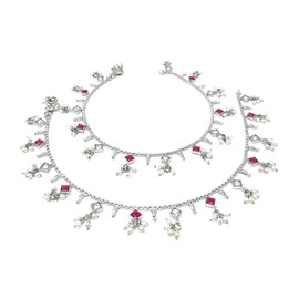 Duel On Jewel Bollywood-Style Anklet Pair, Chain Payal with White Pearl and Red Charm Clusters, Silver Tone, 10-Inch, Ethnic Bridal, Wedding, Party, and Beachwear Jewelry for Women, Pearl Red Charm