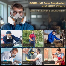 LAMANICE Half Face Respirator with 10Pcs Filter Cottons and Earplug, for Paint, Dust, Formaldehyde, Sawing, Welding, Woodworking, Organic Vapors, Chemicals (Grey)