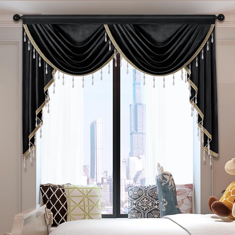 ELKCA Luxury Black Velvet Curtain Valances for Living Room with