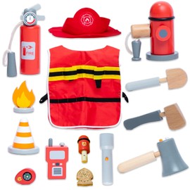UMU Wooden Firefighter Transformation Toy Set Toddler Pretend Play Toddler Halloween Costume with Firefighter Equipment Role Play Fire Chief Costume for Ages 3+