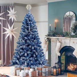 6FT Pre-Lit Hinged Artificial Fir Christmas Tree, Xmas Tree Snow Flocked Artificial Holiday Christmas Tree with 750 Branch Tips X-mas, Blue
