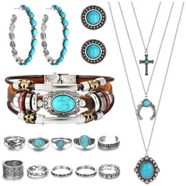 Milacolato Western Jewellery for Women Turquoise Pendant Necklace Wester Drop Dangle Earrings Turquoise Faux Leather Layered Bracelets Boho Ankle Rings Set Bohemian Jewellery Set, Turquoise