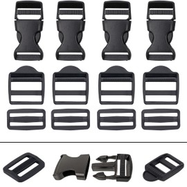 Set of 12 Push-Buckle, Bridge Buckle and Ladder Buckle, for 25 mm Wide Webbing Straps, 4 x 25 mm Buckles with Double-Sided Click Closure, Bridge Clamp Buckle and Ladder Clamp Buckle, Black