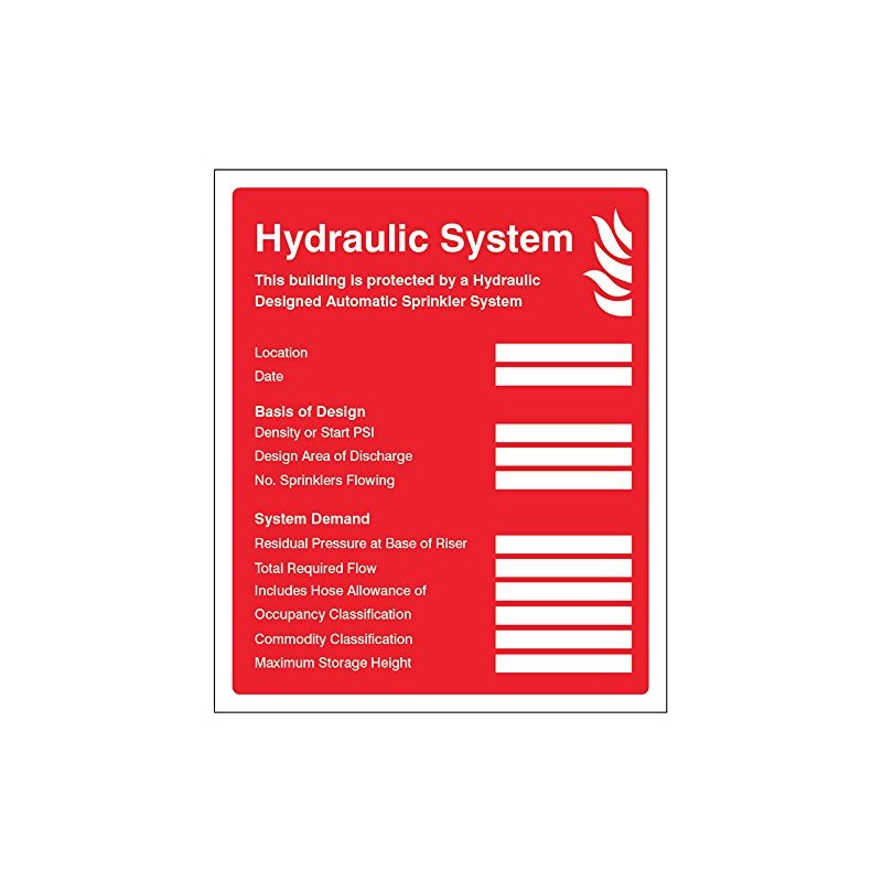 Caledonia Signs 11452H Hydraulic sprinkler system ID plate sign