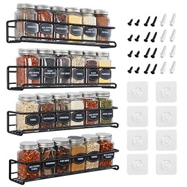 Spice Rack Wall Mount - 4-Tier, Space-Saving Wall Spice Rack Organizer - Wall Mount Spice Rack Organizer for Spice Jars and Seasonings - Screw or Adhesive Hanging Spice Rack for Wall