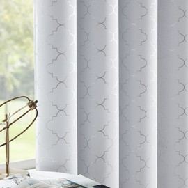 Enactex 100% Full Blackout Curtains Thermal Insulated Drapes 84 Inch Long for Bedroom, White Drapery with Silver Geometric Pattern Room Darkening Grommet Window Curtain for Living Room, 2 Panels