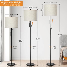 Adjustable Height Floor Lamp for Living Room, Black Standing Lamp, Floor Lamp for Bedroom Office, Modern Tall Floor Lamp with Linen Shade, 3-Way Dimmable 8W 3000K LED Blub Included (Black)